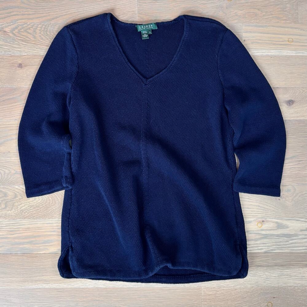 VTG 90s Lauren Ralph Lauren V Neck Sweater Heavy Navy 3/4 Sleeve Womens L/XL